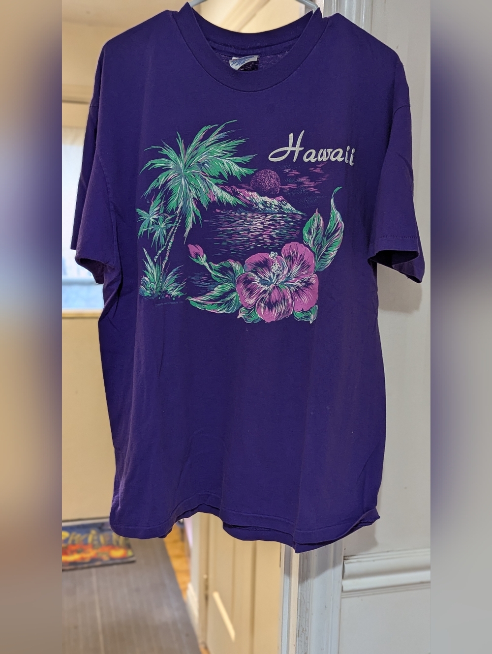 Vintage Hawaii Graphic Tee in Deep Purple with Tropical Print